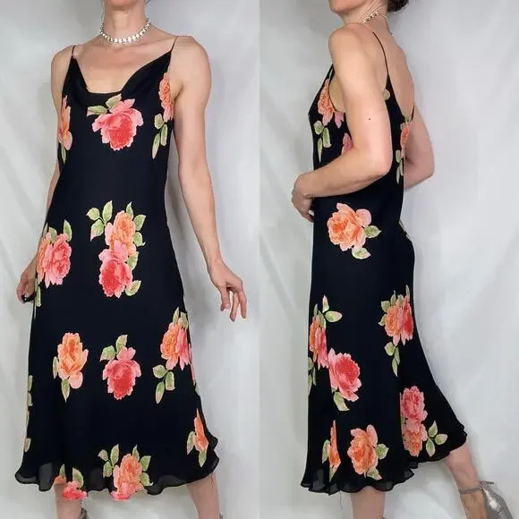 Spenser Jeremy silk rose floral slip dress cowl neck slipdress vintage Y2K  M - www.disolcolor.com